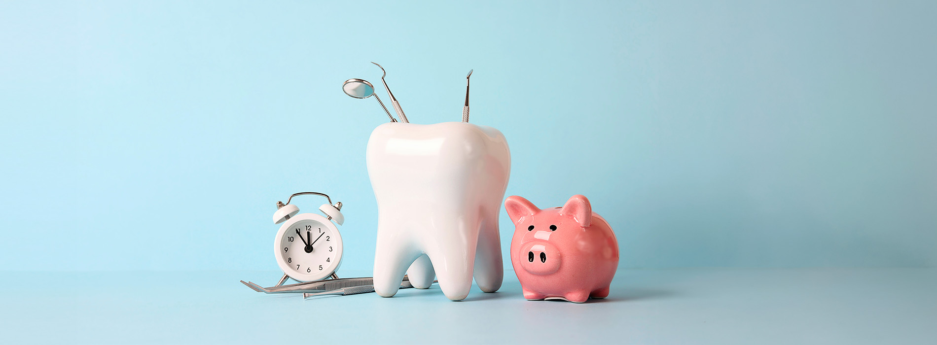 The image shows a toothbrush with a piggy bank character next to a clock, all set against a blue background.